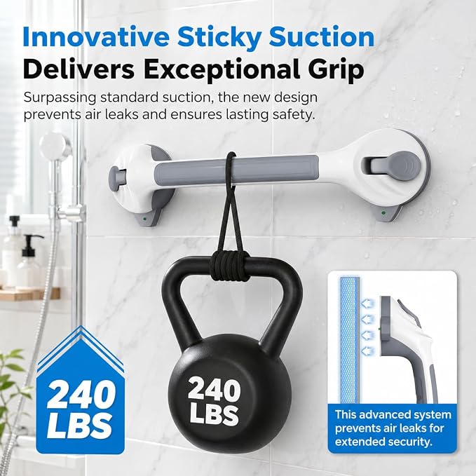 Grab Bars for Shower, 16.7 Inch Heavy Duty Suction Cup Handle, Dual Locking, No Drill Anti-Slip Support for Bathtub & Shower, Removable, 2 Pack