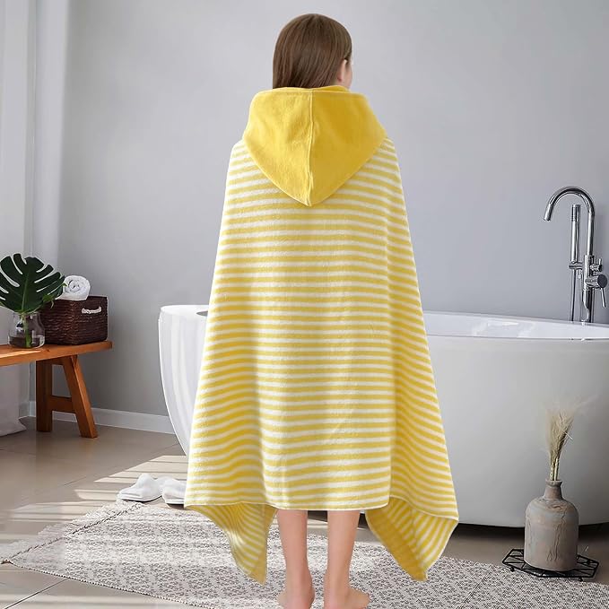 VOOVA & MOVAS Yellow Striped Hooded Beach Towel for Teens & Big Kids (8Years Up), Soft Absorbent 100% Cotton Thick Towel Wrap for Girls, Beach Pool Swim Bath Cover-Up