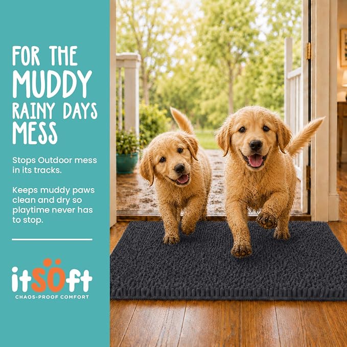 Dog Rugs for Muddy Paws 22x14 | Cleaner Mud Free Floors | Muddy Dogs Mats for Indoor, Dog Mat for Muddy Paws Door Mat Washable, Absorbent Chenille Mud Room Rug Paw Matt w/ Non Slip Backing, Black