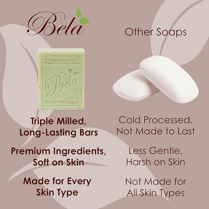 BELA Honeysuckle Soap 3.3 OZ Pack of 12, Long lasting French Triple Milled Bar Soap with Organic Shea Butter, Hand, Face and Body Wash Bar, Made in Australia