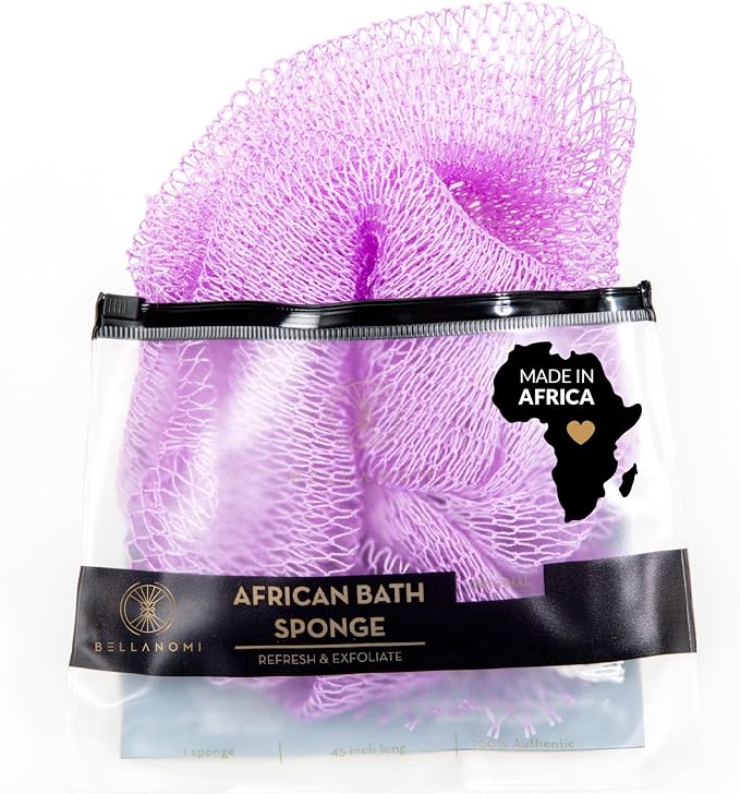 BELLANOMI African Exfoliating Net Sponge, Authentic, Ethically sourced from Nigeria, 45 inches Long, Back Scrubber for Daily use (Lilac)