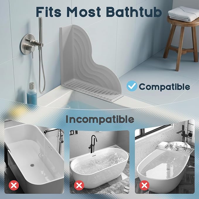 Shower Splash Guard with Suction Cups (Pack of 2), No Adhesive Silicone Splash Guard for Bathtub to Keep Water in Shower, Shower Water Blocker Corner Guards - Gray