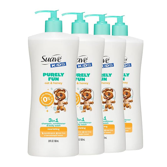 Suave Kids Purely Fun 3 in 1 Shampoo, Conditioner & Body Wash with Oat & Honey, Tear-Free, Hypoallergenic, Gentle Hair Care for Kids with Sensitive Scalps, 4 Count, 28 fl oz