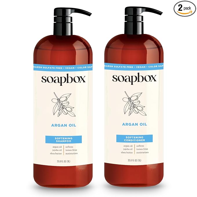 Soapbox Argan Oil & Vanilla Shampoo & Conditioner Set, Leaves Hair Smooth & Controls Frizz - Clean Ingredients Free of Harsh Chemicals, Sulfates, Parabens & Silicones - 1 Liter Each