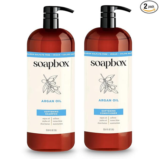 Soapbox Argan Oil & Vanilla Shampoo & Conditioner Set, Leaves Hair Smooth & Controls Frizz - Clean Ingredients Free of Harsh Chemicals, Sulfates, Parabens & Silicones - 1 Liter Each