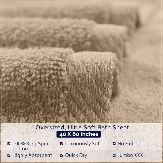 DAN RIVER Pack of 1 Jumbo Bath Sheet 40x80 Inches, Big Towels Oversized Extra Large Bath Towel, Absorbent Organic Cotton Towel - Tan