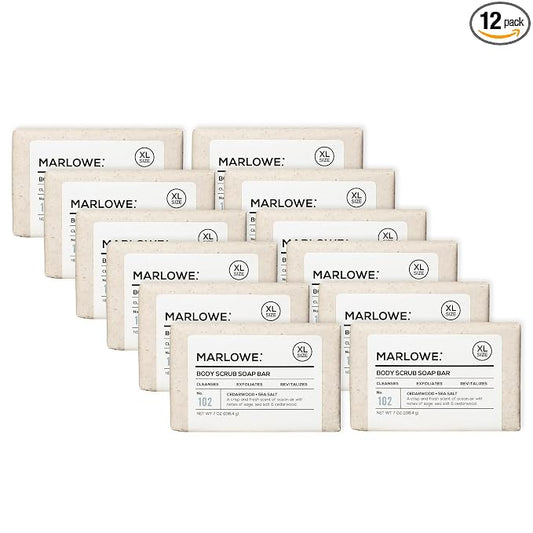 MARLOWE. Body Scrub Soap, Exfoliating Soap Bar, Cedarwood, 7 oz (12 Bars) | Scrub Soap Bar that deeply cleanses and exfoliates while buffing away rough, dry skin. Cedarwood + Sea Salt scent.