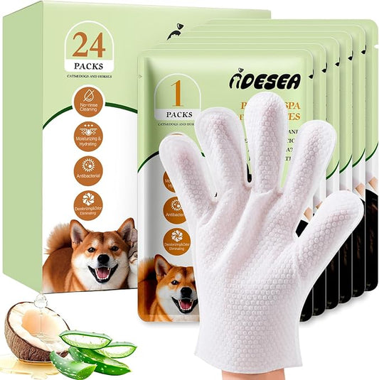 PET Dog Wipes Cleaning Glove Wipes for Dogs, Cats & Horses, Hypoallergenic Hydrating & Nourishing Pet Wipes for Eyes, Ears, Butt & Paws, No-Rinse, 24 Pcs