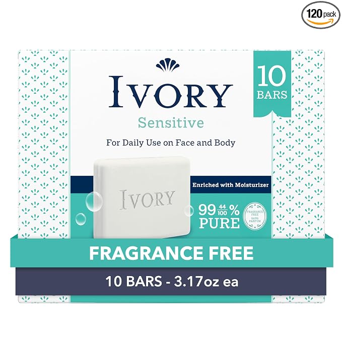 Ivory Sensitive Bar Soap, Designed for Whole Family, Fragrance Free, 99.44% Pure Formula, Plant-Based Cleanser, Made Without Heavy Perfume, Parabens,Phthalates,For All Skin Types,3.17 oz (Pack of 120)