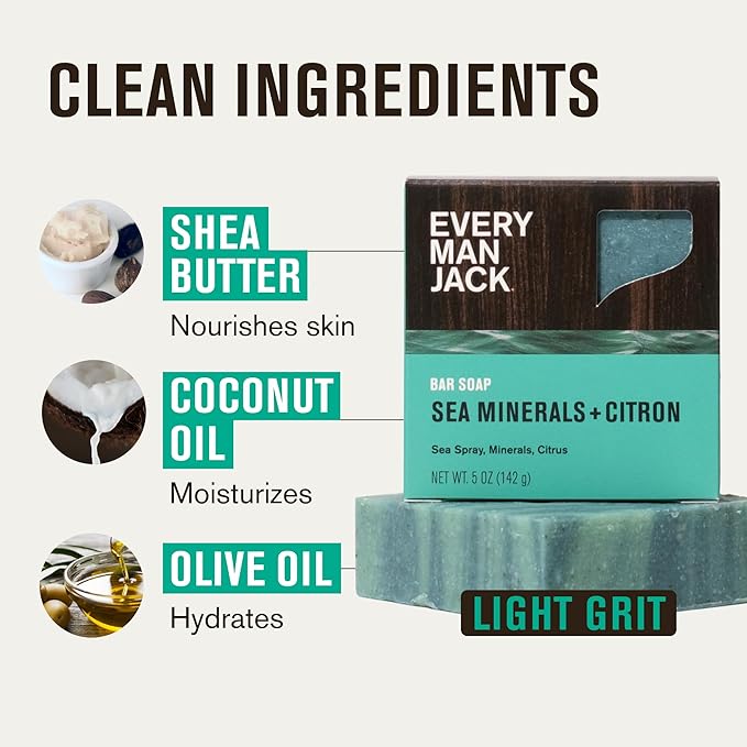 Every Man Jack Cold Processed Mens Bar Soap - Sea Minerals + Citron Scent - Deeply Cleans & Hydrates with Shea Butter and Coconut Oil - (3 Pack)