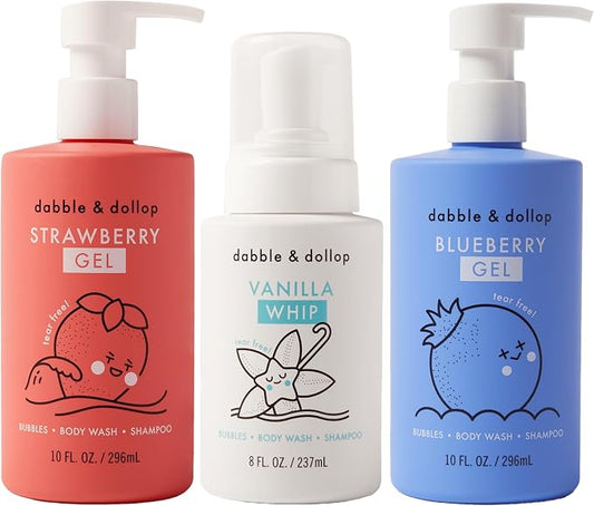 Dabble & Dollop USA Kids 3-in-1 Body Wash, Shampoo & Bubble Bath Variety Set – Strawberry, Blueberry & Vanilla, Tear-Free, Gentle, Hypoallergenic and Safe for Sensitive Skin (Pack of 3)