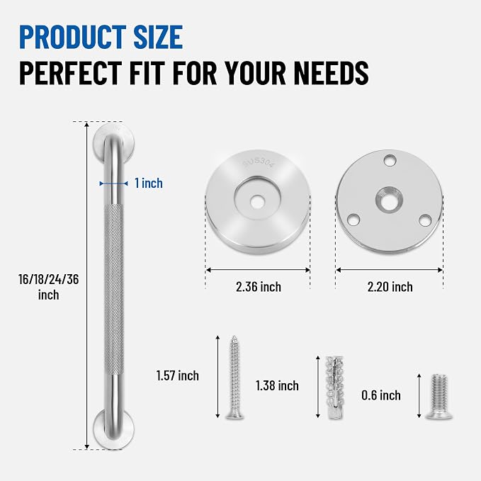 MrHAND Knurled Brushed Stainless Steel Grab Bars, 2 Pack 16 Inch | SUS304,Stain Finish,Sturdy & Stable Handicap Grab Bars,Wall Mounted Shower Grab Bars,Safety Hand Rails,ADA Compliant