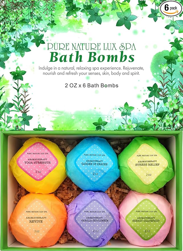 Bath Bombs Gift Set - 6 Individually Wrapped Aromatherapy Fizzies with Coconut and Essential Oils - Relaxing Spa Gift for Women - Set of 6 (2 Oz Each)