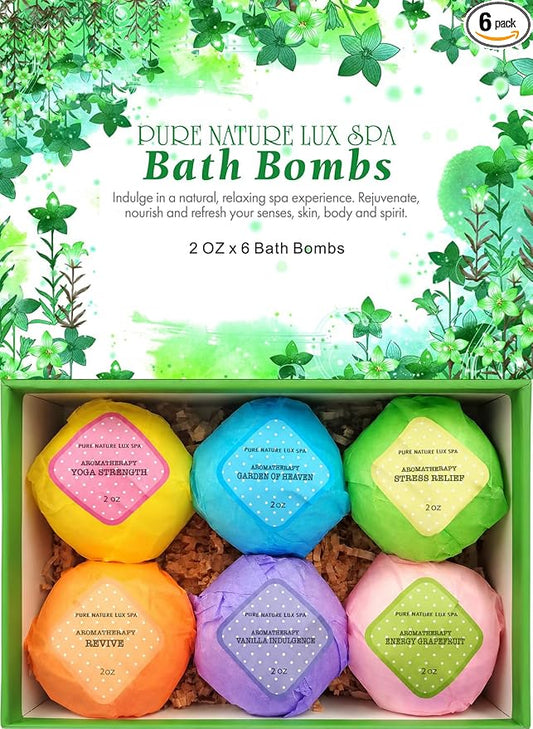 Bath Bombs Gift Set - 6 Individually Wrapped Aromatherapy Fizzies with Coconut and Essential Oils - Relaxing Spa Gift for Women - Set of 6 (2 Oz Each)