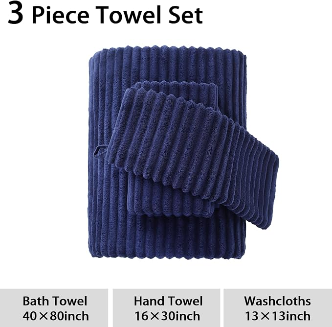 3 Piece Bath Towel Set, 40"x80" Bath Sheets,Navy Blue | 1Bath towels 1Hand towels 1Washcloths，Microfibers，Extra-large size，Big and Tall users，Quick dry，Highly Absorbent