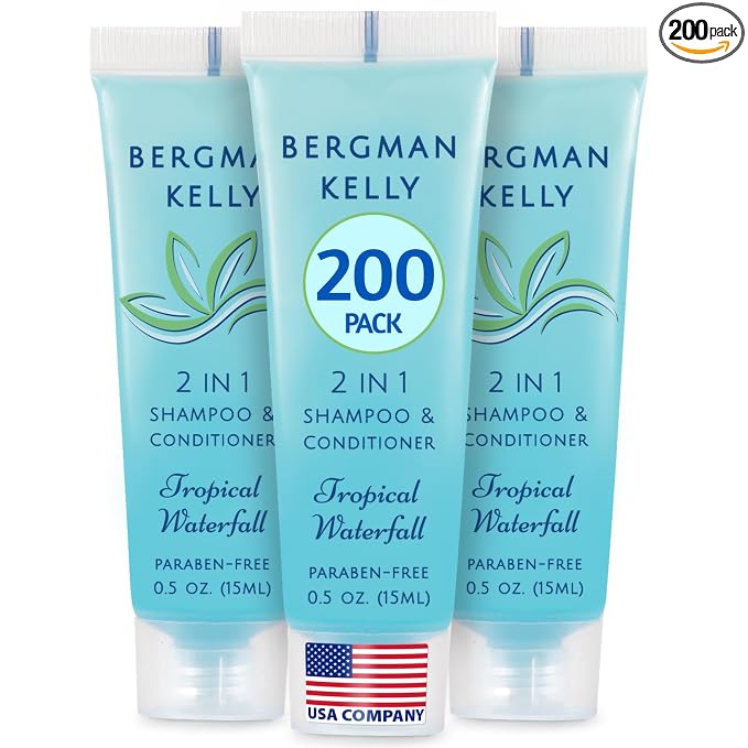 Bergman Kelly - Travel Size 2 in 1 Shampoo & Conditioner - 0.5 fl oz, 200 PK, Tropical Waterfall - Delight Your Guests w/Invigorating & Refreshing Shampoo Amenities - Small Hotel Toiletries in Bulk