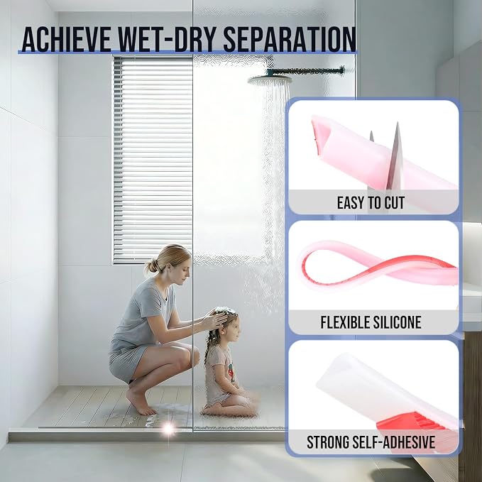 Shower Threshold Water Dam Guard- (138 Inch) Collapsible Silicone Barrier for Walk-in Showers - Self-Adhesive Bathroom Floor Water Stopper for Wet/Dry Separation - Transparent