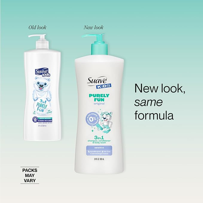 Suave Kids Purely Fun 3 in 1 Shampoo, Conditioner & Body Wash, Original Clean Scent, Hypoallergenic, Tear-Free Formula, Dermatologist Tested, 4 Count, 28 FL OZ