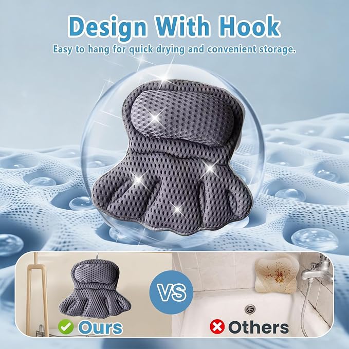 Luxury Bathtub Pillow, 4D Air Mesh Soft Bath Pillows for Tub, Ergonomic Neck & Back Support, Non-Slip Suction Cups Head Neck Support Hot Tub Pillow, Spa Bath Accessories Gift for Women Gray