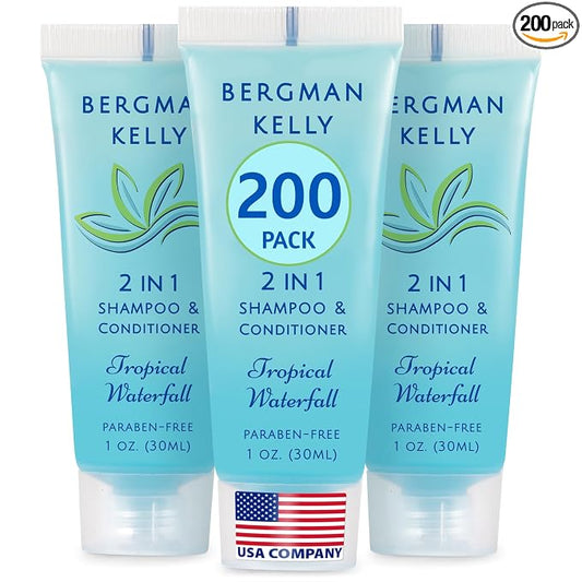 Bergman Kelly - Travel Size 2 in 1 Shampoo & Conditioner - 1 fl oz, 200 PK, Tropical Waterfall - Delight Your Guests w/Invigorating & Refreshing Shampoo Amenities - Small Hotel Toiletries in Bulk