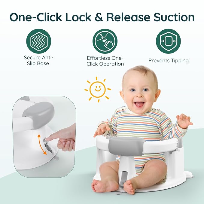 Baby Bath Seat for Babies Sitting Up, Non-Slip Baby Bath Chair with Strong Suction Cups, Lockable Armrest & High Back 360° Safety Support, Ideal for Active Toddlers 6-24 Months, Gray