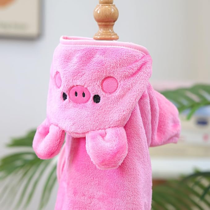 Dog Bathrobe with Hood Super Absorbent Soft Quick Drying Towel Wrap Adjustable Puppy Cat Bath Robe Towel for Cold Weather Beach Pool (Pink Pig, Medium)