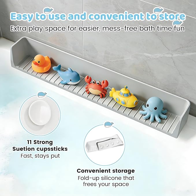 Bathtub Tray Splash Guard: Silicone Bathtub Splash Guard with Suction Cups, Bathtub Side Tray & Bath Toys Holder for Water Spill Prevention & Bathroom Storage, Grey