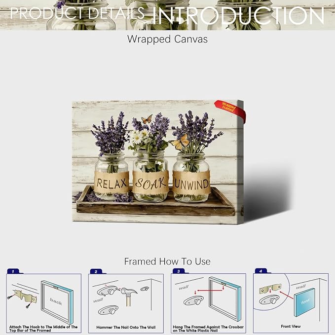 Relax Soak Unwind Lavender Bathroom Wall Art Farmhouse Mason Jar Floral Poster Rustic Spa Wall Decor with Butterflies Aesthetic Print for Powder Room Apartment 20X30 in Wrapped Framed