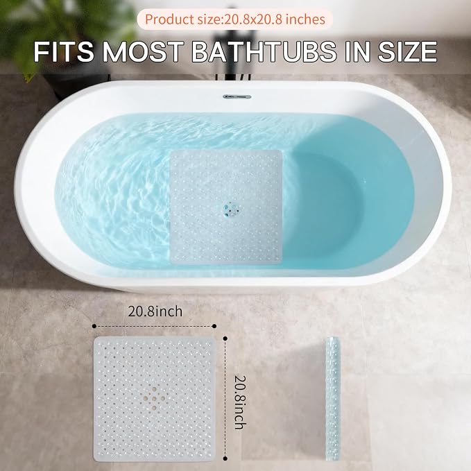 Anti-Slip Bathtub Shower mat, 21×21（ 53×53cm） inch Soft Oversized Machine Washable Non-Slip Bathtub mat with Drainage Holes, Bathroom Floor Suction Cup.（1-Clear White）