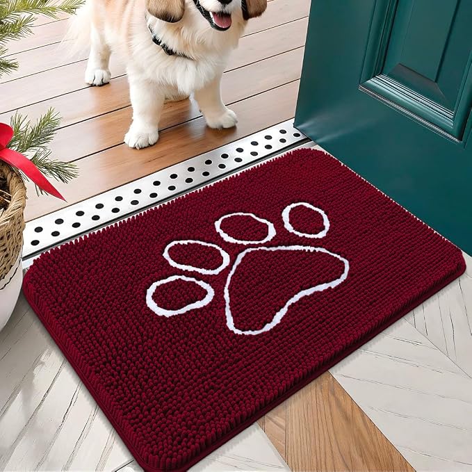 OLANLY Dog Door Mat for Muddy Paws 70x35, Paw Print Design, Absorbs Moisture and Dirt, Absorbent Non-Slip Washable Doormat, Quick Dry Chenille Mud Mat for Dogs, Entry Indoor Entryway Carpet, Burgundy