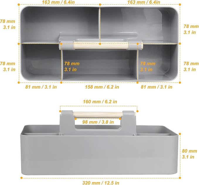Baby Shower Caddy Plastic Nursery Portable Storage Organizer Caddy Tote for Child/Kids, Divided Basket Bin with Wood Handle for Bathroom, Dorm Room, Holdsn Bottles, Spoons, Gray