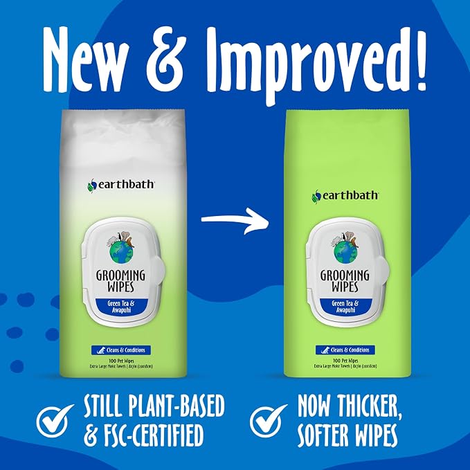 earthbath, Green Tea & Awapuhi Grooming Wipes - Dog Wipes for Paws and Butt, Best Pet Wipes for Dogs & Cats, Made in USA, Cruelty-Free Dog Cleaning Wipes, Removes Dirt & Dander - 100 Count (2 Pack)