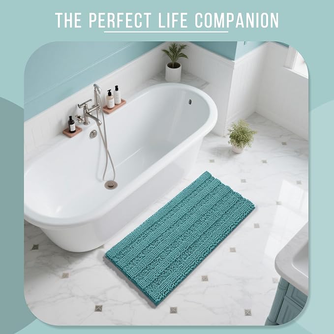 Yimobra Bathroom Rug Mat 47 x 24, Non Slip and Super Absorbent Bath Mat,Machine Washable Quick Dry,Ultra Plush Chenille Shower Rugs for Bathroom Floor Sink Tub and Shower Outside,Teal Blue