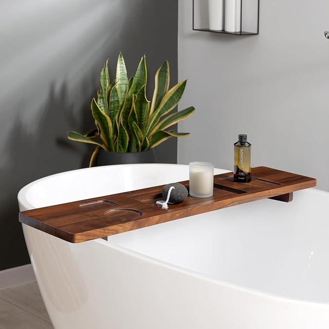 Teak Bathtub Tray for Freestanding Tubs - 35" Heavy-Duty Luxury Bath Caddy, Non-Slip Zero-Wobble Design, Water-Resistant Spa Organizer with Wine Glass & Phone Holder