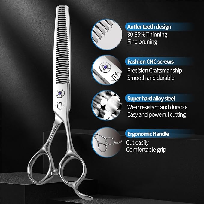 Fenice Professional Pet Grooming Scissors, High-End Dog Hair Cutting Shears with Ergonomic Handle, Super Hard Alloy Steel, CNC Precision Craftsmanship (Thinner, 7.0")