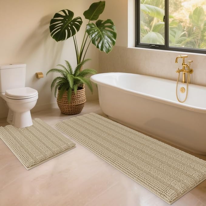 ACCUMTEK Striped Beige Toilet Bathroom Rug Mat Set 2 piece Rug Ultra Soft, Non Slip Chenille Bath Rugs, Absorbent Plush Shaggy Bath Mats for Bathroom, Bedroom, Kitchen, Shower, Tub