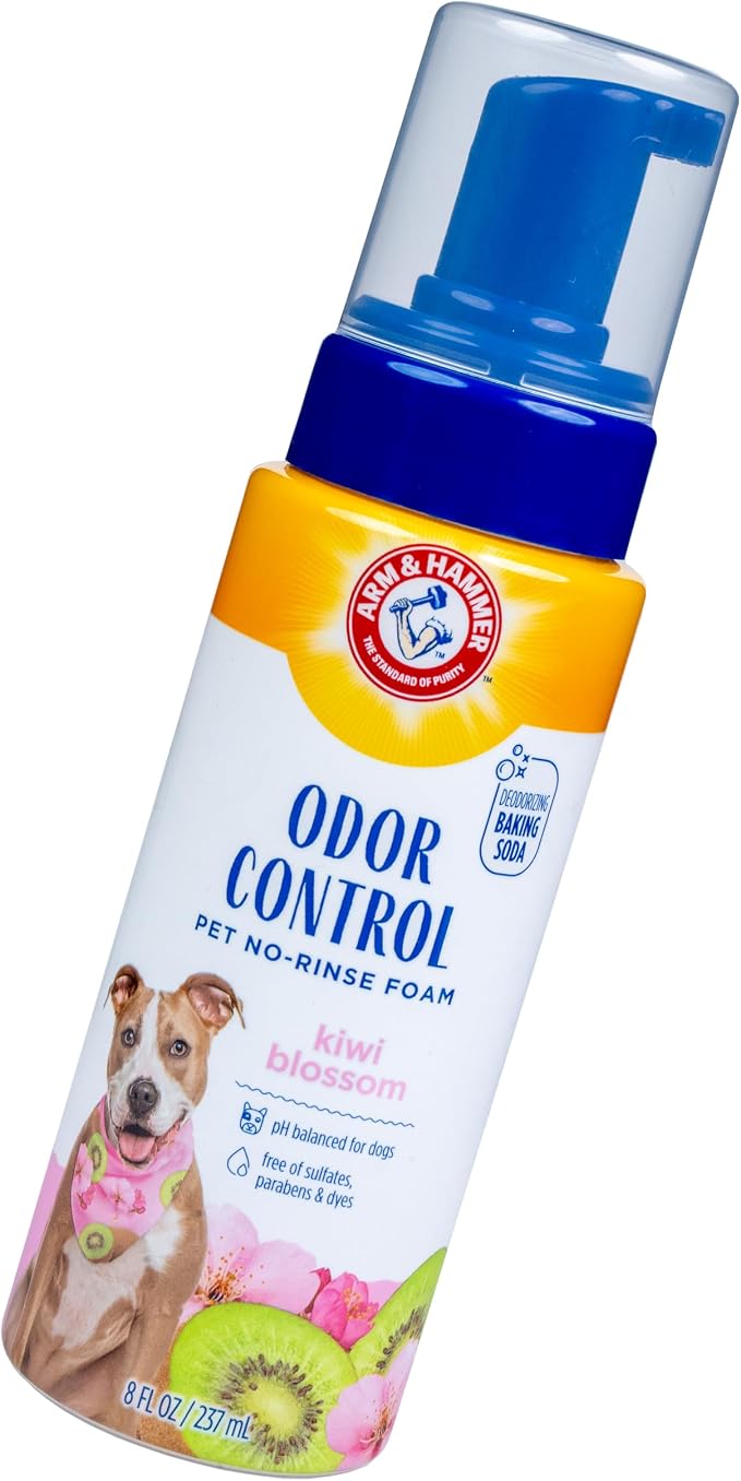 Arm & Hammer for Pets Odor Control No-Rinse Foam Dogs Kiwi Blossom Scent Waterless Baking Soda Deodorizer pH Balanced 8 FL OZ Sulfate-Free