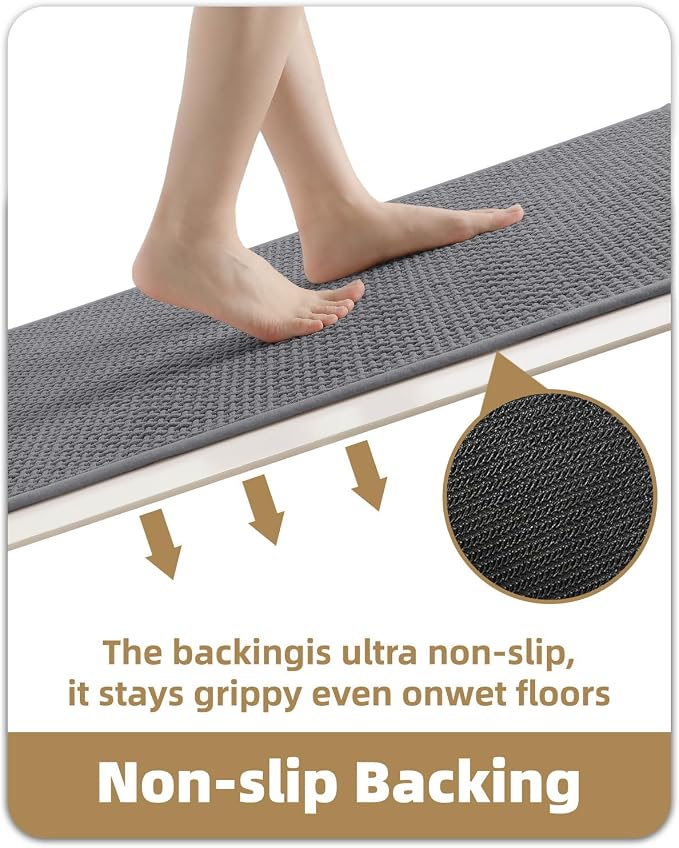 Color&Geometry Rubber Backed Waffle Bath Mat 47x17, Non Slip Water Washable Bathroom Rugs, Soft Absorbent Chenille Boho Carpet for Bathroom Floor, Tub and Shower, Grey