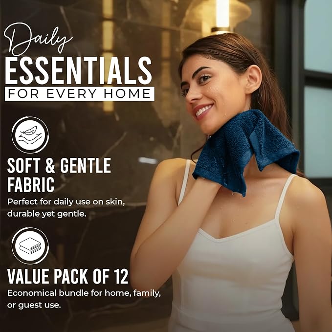 RIVERSIDE 12-Pack Premium 100% Cotton Blue Opal Face Towels for Bathroom [12x12] - Reusable Luxury Face Wash Cloths for Showering - 550 GSM Super Soft & Absorbent Washcloths for Body, Spa & Gym