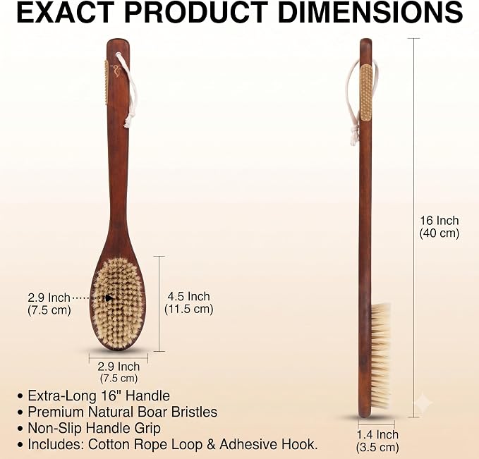 Wooden Bath Brush with Gentle Bristles Long Handle for Shower Back Scrubber Body Exfoliator (Gental Boar Bristle)