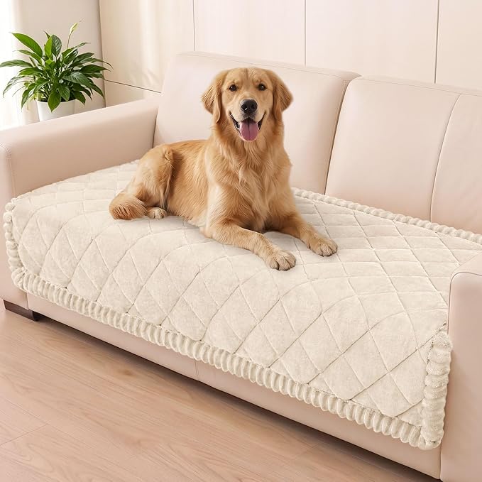 Smiry Couch Cover for Dogs, Non Slip Washable Pet Sofa Protector for Large Dogs, Cats, Fuzzy Plush Sofa Covers for 3 Cushion Couch, Against Fur, Dirt & Scratch Resistant, White, 35.4"×82.7"