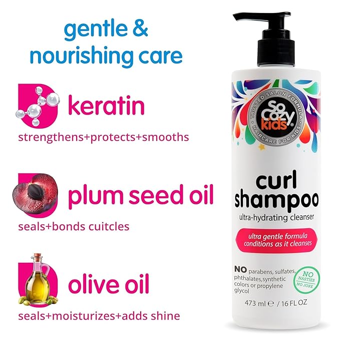 SoCozy Curl Shampoo for Kids Curly Hair (16 Fl Oz Pump) Gentle Hydrating Cleanser,Helps Improve Elasticity,Reduce Breakage&Frizz with Keratin,Plum Seed Oil&Olive Oil,Paraben-&Sulfate-Free,(Pack of 2)