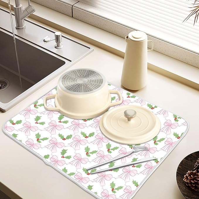 Pink Bow Christmas Holly Leaves Dish Drying Mat, Absorbent Drainer Mats for Kitchen Counter Coffee Maker 18"x16"