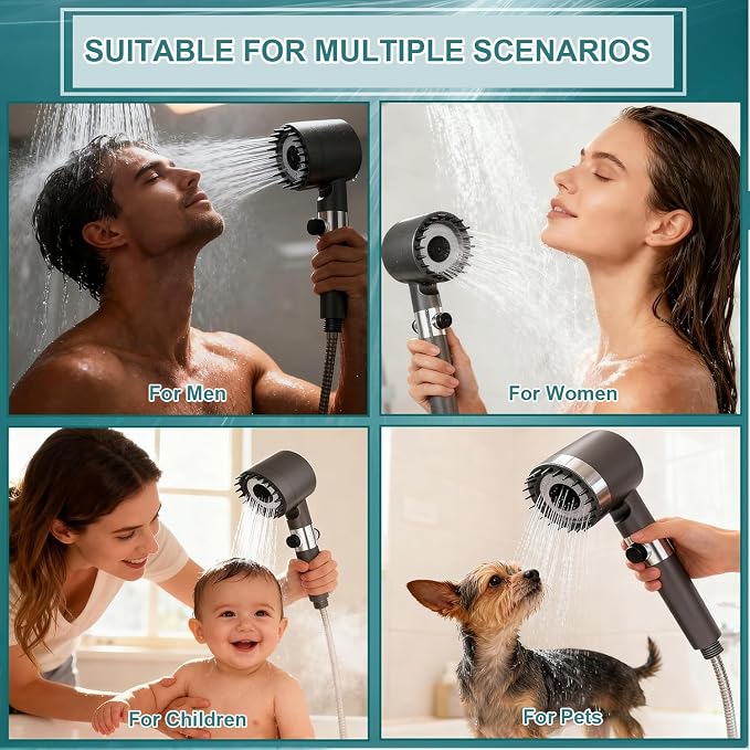 Ion Drop Shower Head - High Pressure Handheld Showerhead with 5 Filters, 4 Spray Modes, Pause Switch, Ion Shower Head with 59" Explosion-Proof Hose & Bracket for Hard Water & Pets, Gray