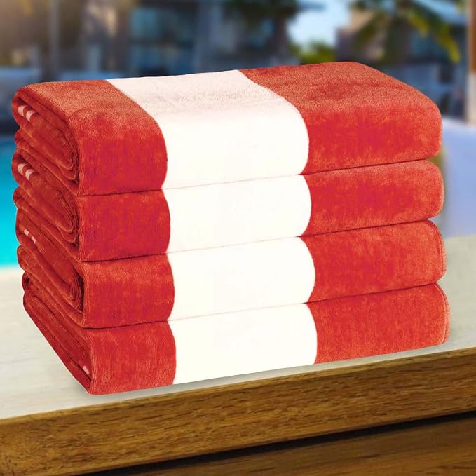 Superior Cotton Striped Beach Towels, Colorful Towels for Adult, Kid, Pool, Swimming, Sand, Travel, Large Oversized, Absorbent, Fast Drying, Bath Basics, Cabana Collection, Set of 4, Coral