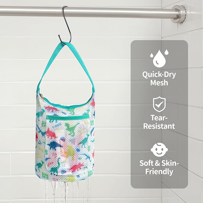 Kids Mesh Shower Caddy -Small Toiletry Bag,Black Dinosaur | Quick-Dry Portable Lightweight Hanging Mesh Tote Bag with S-Hook, Zipper Pocket, for Boys Bathroom, Camp, Dorm, Gym