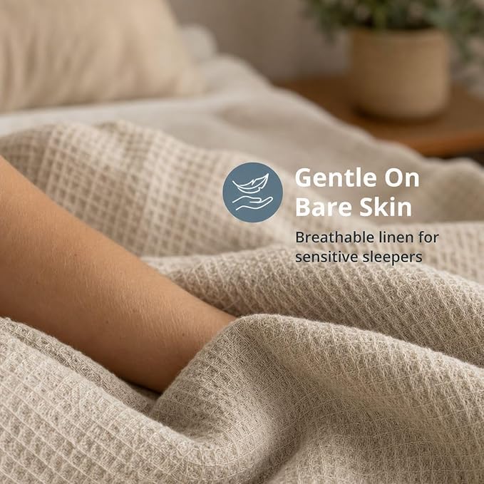 Pure 100% Flax Linen Blanket – 50x60-inch Linen Throw Blanket Waffle Weave – Breathable Cooling Blanket – Versatile Beach Blanket – Pre-Washed Lightweight European Flax