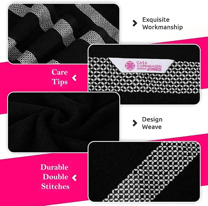 CASA COPENHAGEN Solitaire 6Pcs 100% Egyptian Cotton Large Designer Towels Gift Set- Coal-Black, 600GSM, 2Bath 2Hand 2Washcloths, Bath Towels for Bathroom (Box Pack, Gift Set for Women & Men)