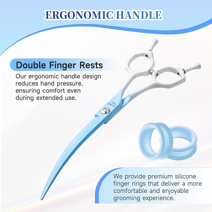 7'' Curved Dog Grooming Scissors Blue to White Gradient | 440C Stainless Steel, Sharp Durable, Professional or Home Use, Ergonomic Handle with 2 Silicone Finger Rings
