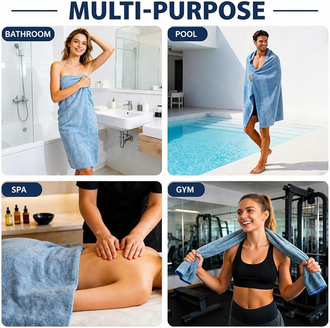 SEISSO 4 Pack Extra Large Bath Towels 63"x35", Bath Sheets for Sensitive Skin 70% Polyester 30% Viscose Fiber from Bamboo, Super Soft, Highly Absorbent & Quick Dry, Oversized (4, Light Blue+Brown)
